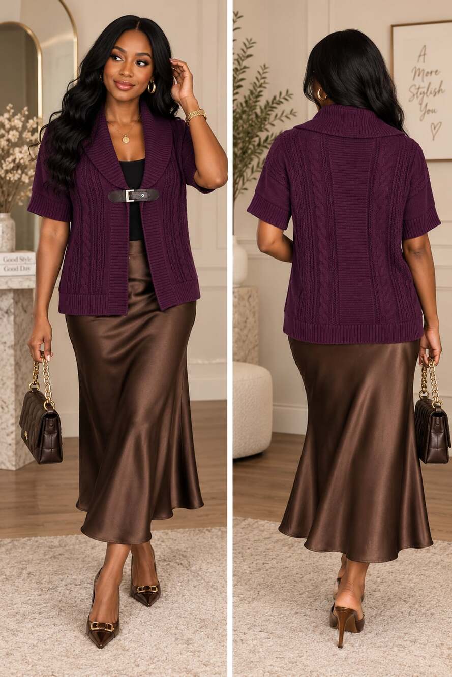 Romantic Academia Plum Cable Knit Cardigan Shawl Collar Buckle Plus Size 1X